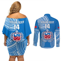 Custom Samoa Rugby Couples Matching Off Shoulder Short Dress and Long Sleeve Button Shirts Pacific 2023 Go Toa Samoa LT14 - Polynesian Pride