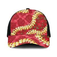 Red Palaka Hawaii Mele Kalikimaka Baseball Net Cap Ohia Lehua Monstera Puakenikeni Lei LT14 One Size Black Red - Polynesian Pride