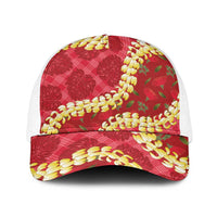 Red Palaka Hawaii Mele Kalikimaka Baseball Net Cap Ohia Lehua Monstera Puakenikeni Lei LT14 One Size White Red - Polynesian Pride