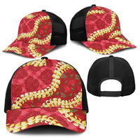 Red Palaka Hawaii Mele Kalikimaka Baseball Net Cap Ohia Lehua Monstera Puakenikeni Lei LT14 - Polynesian Pride