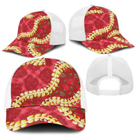 Red Palaka Hawaii Mele Kalikimaka Baseball Net Cap Ohia Lehua Monstera Puakenikeni Lei LT14 - Polynesian Pride