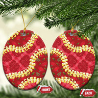Red Palaka Hawaii Mele Kalikimaka Ceramic Ornament Ohia Lehua Monstera Puakenikeni Lei - Polynesian Pride
