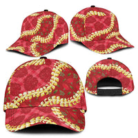 Red Palaka Hawaii Mele Kalikimaka Classic Cap Ohia Lehua Monstera Puakenikeni Lei - Polynesian Pride