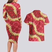 Red Palaka Hawaii Mele Kalikimaka Couples Matching Long Sleeve Bodycon Dress and Hawaiian Shirt Ohia Lehua Monstera Puakenikeni Lei - Polynesian Pride