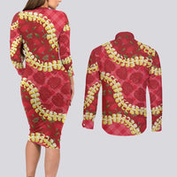 Red Palaka Hawaii Mele Kalikimaka Couples Matching Long Sleeve Bodycon Dress and Long Sleeve Button Shirt Ohia Lehua Monstera Puakenikeni Lei - Polynesian Pride