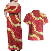 Red Palaka Hawaii Mele Kalikimaka Couples Matching Off Shoulder Maxi Dress and Hawaiian Shirt Ohia Lehua Monstera Puakenikeni Lei - Polynesian Pride