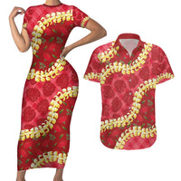 Red Palaka Hawaii Mele Kalikimaka Couples Matching Short Sleeve Bodycon Dress and Hawaiian Shirt Ohia Lehua Monstera Puakenikeni Lei - Polynesian Pride