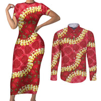 Red Palaka Hawaii Mele Kalikimaka Couples Matching Short Sleeve Bodycon Dress and Long Sleeve Button Shirt Ohia Lehua Monstera Puakenikeni Lei - Polynesian Pride