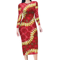 Red Palaka Hawaii Mele Kalikimaka Family Matching Long Sleeve Bodycon Dress and Hawaiian Shirt Ohia Lehua Monstera Puakenikeni Lei - Polynesian Pride