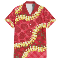 Red Palaka Hawaii Mele Kalikimaka Family Matching Off The Shoulder Long Sleeve Dress and Hawaiian Shirt Ohia Lehua Monstera Puakenikeni Lei - Polynesian Pride