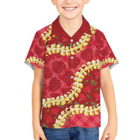 Red Palaka Hawaii Mele Kalikimaka Family Matching Off Shoulder Short Dress and Hawaiian Shirt Ohia Lehua Monstera Puakenikeni Lei - Polynesian Pride