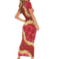 Red Palaka Hawaii Mele Kalikimaka Family Matching Short Sleeve Bodycon Dress and Hawaiian Shirt Ohia Lehua Monstera Puakenikeni Lei - Polynesian Pride