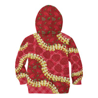 Red Palaka Hawaii Mele Kalikimaka Kid Hoodie Ohia Lehua Monstera Puakenikeni Lei - Polynesian Pride
