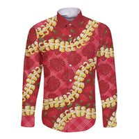 Red Palaka Hawaii Mele Kalikimaka Long Sleeve Button Shirt Ohia Lehua Monstera Puakenikeni Lei - Polynesian Pride