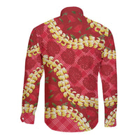 Red Palaka Hawaii Mele Kalikimaka Long Sleeve Button Shirt Ohia Lehua Monstera Puakenikeni Lei - Polynesian Pride