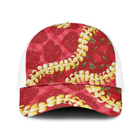 Red Palaka Hawaii Mele Kalikimaka Mesh Trucker Cap Ohia Lehua Monstera Puakenikeni Lei LT14 One Size White Red - Polynesian Pride