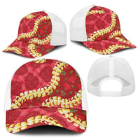 Red Palaka Hawaii Mele Kalikimaka Mesh Trucker Cap Ohia Lehua Monstera Puakenikeni Lei LT14 - Polynesian Pride