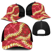 Red Palaka Hawaii Mele Kalikimaka Mesh Trucker Cap Ohia Lehua Monstera Puakenikeni Lei LT14 - Polynesian Pride