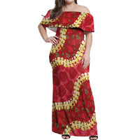 Red Palaka Hawaii Mele Kalikimaka Off Shoulder Maxi Dress Ohia Lehua Monstera Puakenikeni Lei - Polynesian Pride