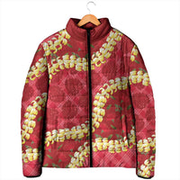 Red Palaka Hawaii Mele Kalikimaka Padded Jacket Ohia Lehua Monstera Puakenikeni Lei - Polynesian Pride