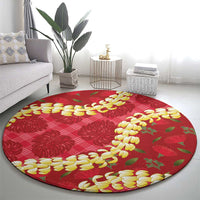 Red Palaka Hawaii Mele Kalikimaka Round Carpet Ohia Lehua Monstera Puakenikeni Lei - Polynesian Pride