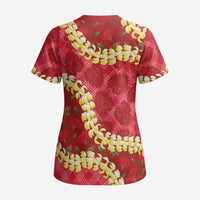Red Palaka Hawaii Mele Kalikimaka Scrub Top Ohia Lehua Monstera Puakenikeni Lei - Polynesian Pride