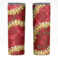 Red Palaka Hawaii Mele Kalikimaka Skinny Tumbler Ohia Lehua Monstera Puakenikeni Lei - Polynesian Pride