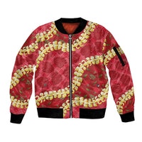 Red Palaka Hawaii Mele Kalikimaka Sleeve Zip Bomber Jacket Ohia Lehua Monstera Puakenikeni Lei - Polynesian Pride
