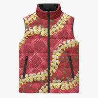 Red Palaka Hawaii Mele Kalikimaka Sleeveless Puffer Jacket Ohia Lehua Monstera Puakenikeni Lei - Polynesian Pride