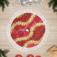 Red Palaka Hawaii Mele Kalikimaka Tree Skirt Ohia Lehua Monstera Puakenikeni Lei - Polynesian Pride
