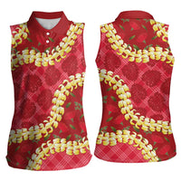 Red Palaka Hawaii Mele Kalikimaka Women Sleeveless Polo Shirt Ohia Lehua Monstera Puakenikeni Lei - Polynesian Pride
