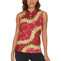 Red Palaka Hawaii Mele Kalikimaka Women Sleeveless Polo Shirt Ohia Lehua Monstera Puakenikeni Lei - Polynesian Pride