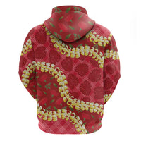 Red Palaka Hawaii Mele Kalikimaka Zip Hoodie Ohia Lehua Monstera Puakenikeni Lei - Polynesian Pride