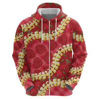Red Palaka Hawaii Mele Kalikimaka Zip Hoodie Ohia Lehua Monstera Puakenikeni Lei - Polynesian Pride
