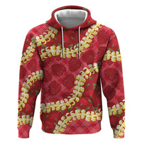 Red Palaka Hawaii Mele Kalikimaka Zip Hoodie Ohia Lehua Monstera Puakenikeni Lei - Polynesian Pride