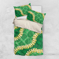 Green Palaka Hawaii Mele Kalikimaka Bedding Set Ohia Lehua Monstera Puakenikeni Lei - Polynesian Pride
