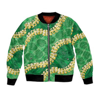 Green Palaka Hawaii Mele Kalikimaka Bomber Jacket Ohia Lehua Monstera Puakenikeni Lei - Polynesian Pride