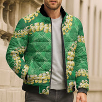 Green Palaka Hawaii Mele Kalikimaka Bomber Puffer Jacket Ohia Lehua Monstera Puakenikeni Lei - Polynesian Pride
