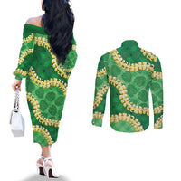 Green Palaka Hawaii Mele Kalikimaka Couples Matching Off The Shoulder Long Sleeve Dress and Long Sleeve Button Shirt Ohia Lehua Monstera Puakenikeni Lei - Polynesian Pride