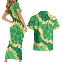 Green Palaka Hawaii Mele Kalikimaka Couples Matching Short Sleeve Bodycon Dress and Hawaiian Shirt Ohia Lehua Monstera Puakenikeni Lei - Polynesian Pride