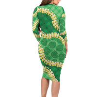 Green Palaka Hawaii Mele Kalikimaka Family Matching Long Sleeve Bodycon Dress and Hawaiian Shirt Ohia Lehua Monstera Puakenikeni Lei - Polynesian Pride