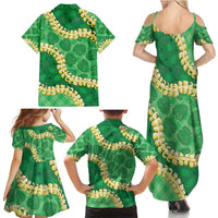 Green Palaka Hawaii Mele Kalikimaka Family Matching Summer Maxi Dress and Hawaiian Shirt Ohia Lehua Monstera Puakenikeni Lei - Polynesian Pride
