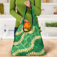 Green Palaka Hawaii Mele Kalikimaka Grocery Bag Ohia Lehua Monstera Puakenikeni Lei - Polynesian Pride