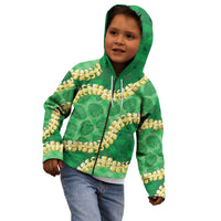 Green Palaka Hawaii Mele Kalikimaka Kid Hoodie Ohia Lehua Monstera Puakenikeni Lei - Polynesian Pride