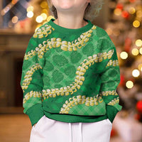 Green Palaka Hawaii Mele Kalikimaka Kid Ugly Christmas Sweater Ohia Lehua Monstera Puakenikeni Lei - Polynesian Pride