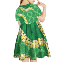 Green Palaka Hawaii Mele Kalikimaka Kid Short Sleeve Dress Ohia Lehua Monstera Puakenikeni Lei - Polynesian Pride