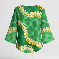 Green Palaka Hawaii Mele Kalikimaka Kimono Sleeve Blouse Ohia Lehua Monstera Puakenikeni Lei - Polynesian Pride