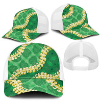 Green Palaka Hawaii Mele Kalikimaka Mesh Trucker Cap Ohia Lehua Monstera Puakenikeni Lei LT14 - Polynesian Pride