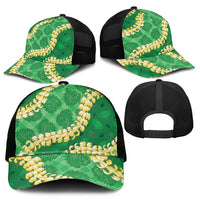 Green Palaka Hawaii Mele Kalikimaka Mesh Trucker Cap Ohia Lehua Monstera Puakenikeni Lei LT14 - Polynesian Pride