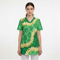 Green Palaka Hawaii Mele Kalikimaka Scrub Top Ohia Lehua Monstera Puakenikeni Lei - Polynesian Pride